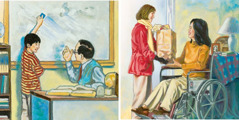 Chłopiec zmywa tablicę dla swojego nauczyciela; dziewczyna przynosi zakupy kobiecie, która jest na wózku inwalidzkim