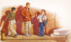 Un chico ofreciéndoles cigarrillos a otros dos chicos; uno lo toma, el otro se va caminando