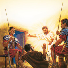 Petrus wird von zwei Soldaten bewacht, ein Engel weckt ihn und die Fesseln fallen von seinen Händen