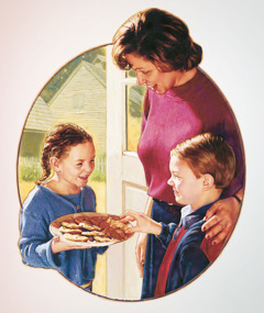 ילדה נותנת לילד ואימו כמה עוגיות