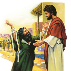 Jeden z uzdrowionych mężczyzn pada Jezusowi do stóp i mu dziękuje