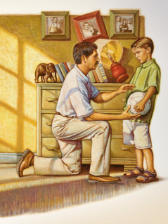 ילד משוחח עם אביו לאחר שבעט בכדור בתוך הבית והפיל מנורה