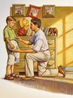 Chłopiec rozmawia z tatą po tym, jak grał w domu w piłkę i przewrócił lampę