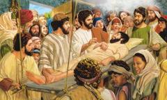 Durch ein Loch im Dach wird ein Gelähmter auf seiner Trage zu Jesus heruntergelassen