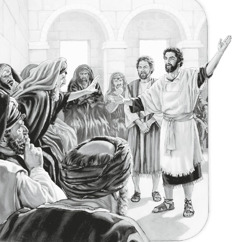 Apostoł Piotr stoi przed arcykapłanem Kajfaszem i pozostałymi członkami Sanhedrynu