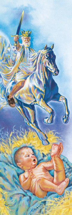 Jesus als König mit einem Schwert auf einem Pferd und als Baby in der Krippe