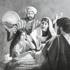 Jesus auferweckt die Tochter von Jairus; ihre Eltern sind außer sich vor Freude