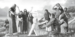 Jesus auferweckt den Sohn einer Witwe in Nain und alle freuen sich
