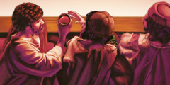 Jésus fait circuler du vin rouge parmi ses apôtres