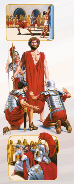 Jezus zostaje wychłostany, wyśmiany przez żołnierzy i zmuszony, by nieść swój pal męki