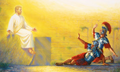 Die Wachen fürchten sich, als ein Engel ihnen Jesu leeres Grab zeigt