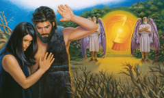Adam und Eva werden aus dem Garten Eden vertrieben; vor dem Eingang des Gartens sind zwei Cherube und ein Schwert aus Feuer
