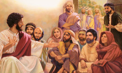 Jesus lehrt seine Jünger; ein Mann sagt ihm, dass draußen seine Mutter und seine Brüder sind