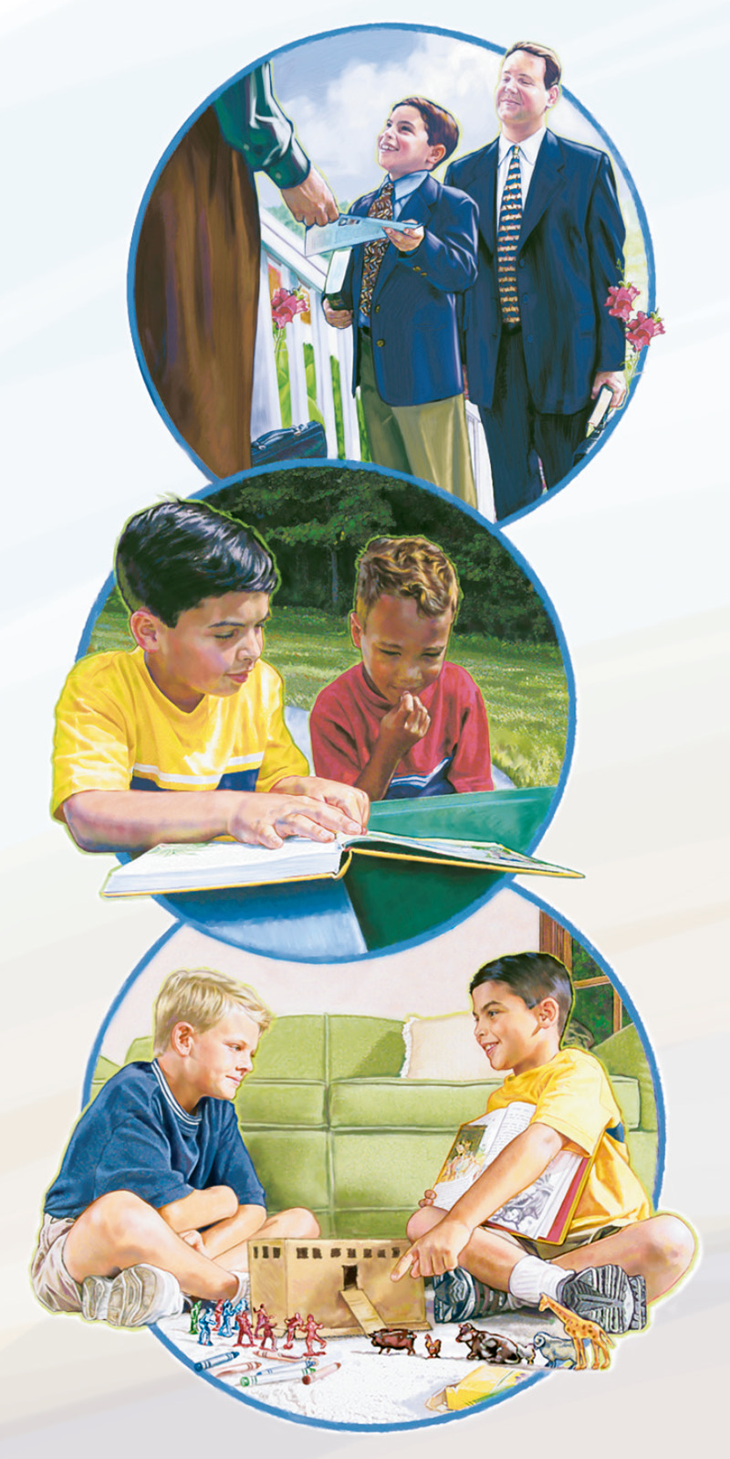 Αγοράκι κηρύττει σε έναν κύριο, δείχνει Το Βιβλίο μου με τις Βιβλικές Ιστορίες σε ένα αγόρι και φτιάχνει μια μικρογραφία της κιβωτού μαζί με ένα άλλο αγόρι