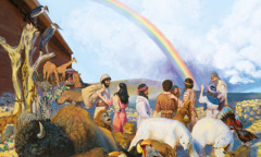 Kun Nooa, hänen perheensä ja eläimet tulevat ulos arkista, taivaalle ilmestyy sateenkaari