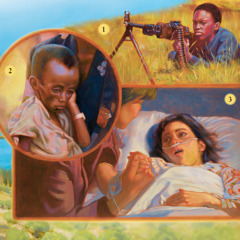 Un chico lucha en una guerra, un niño famélico y una niña enferma en la cama