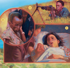 Um rapaz na guerra, um menino esfomeado e uma menina doente na cama