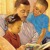 Un père lit le livre Écoute le grand Enseignant avec ses enfants