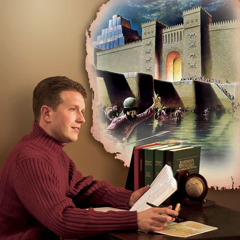 Ein Mann liest in der Bibel die Prophezeiung Jesajas über den Fall Babylons und malt sich die Situation aus
