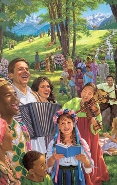 Pessoas cantando, tocando instrumentos musicais e usufruindo a vida no novo mundo