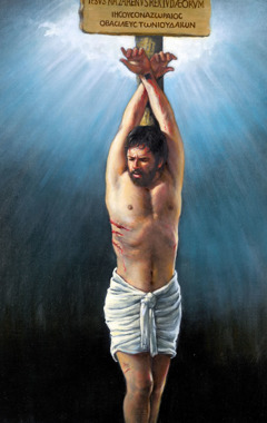 Ježíš v bolestech umírá na mučednickém kůlu