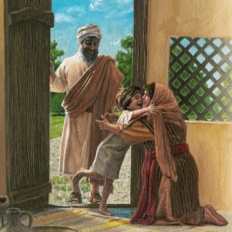 Uma viúva abraça seu filho depois de ele ter sido ressuscitado por Elias