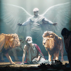 Bir melek protecting Daniel in the lions’ pit