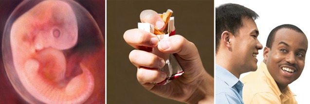 1. Un niño no nacido; 2. Una persona estrujando una cajetilla de cigarrillos; 3. Dos amigos de razas distintas