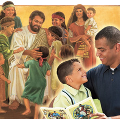1. Yesus menyediakan waktu untuk anak-anak; 2. Seorang ayah membahas buku Belajarlah dari sang Guru Agung bersama putranya