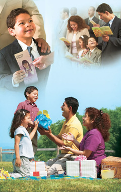 Bilder av en familie som forkynner det gode budskap, er sammen i tilbedelsen på et kristent møte og som gir hverandre gaver ute på en piknik