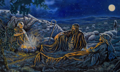 Pastýři, kteří jsou se svými stády v noci na polích nedaleko Betléma