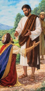 Un conducător tânăr și bogat căzând în genunchi și punându-i lui Isus o întrebare.