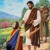 De rodillas, un joven gobernante rico haciéndole una pregunta a Jesús.