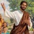 Jesus caminhando numa estrada e pessoas seguindo a ele felizes.