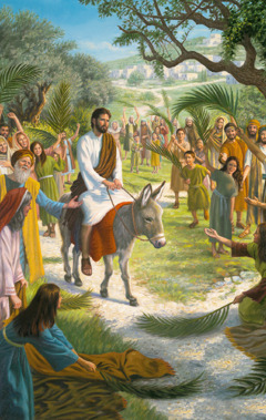 Isus jaše na mladunčetu magarice, a ljudi koji stoje pored puta uzvikuju od radosti i mašu palminim granama. Neki po putu prostiru odeću i palmine grane.