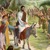 Jesús sentado en un burrito mientras la gente grita y ondea hojas de palmera al lado del camino.
