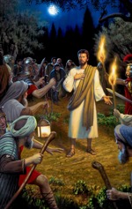 Jesus calmly identifying himself to an angry mob that includes soldiers. His faithful apostles watch from a distance.