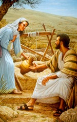 Jeesus puhuu samarialaisen naisen kanssa kaivolla.