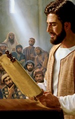イエスが会堂で巻物を読んでいる。