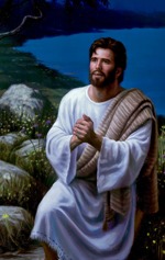 Jesus praying on a mountain.
