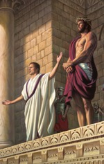 Pontije Pilat pokazuje rukom na Isusa. Isusu su vezane ruke, na sebi ima purpurnu odoru, a na glavi venac od trnja.