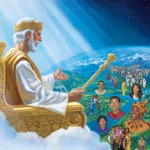 Jeesus istuu valtaistuimella taivaassa ja hallitsee uskollisia ihmisiä.