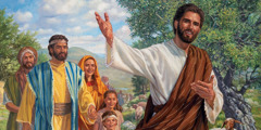 Jesús andando por un camino mientras algunas personas muy felices lo siguen.