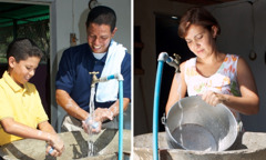 ١-‏ امرأة تغسل القِدر بالصابون؛‏ ٢-‏ اب وابنه يغسلان ايديهما بالصابون
