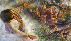 यीशु ऊपर स्वर्ग जा रहा है और उसके प्रेषित उसे जाते देख रहे हैं।