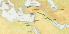 Sarong mapa na ipinapahiling an mga pinaghalian kaidtong mga nakadangog kan maugmang bareta kan Pentecostes 33 C.E. 1. Mga Rehiyon: Libya, Ehipto, Etiopia, Bitinia, Ponto, Capadocia, Judea, Mesopotamia, Babilonia, Elam, Media, asin Partia. 2. Mga Siyudad: Roma, Alejandria, Memfis, Antioquia (sa Siria), Jerusalem, asin Babilonya. 3. Katubigan: Dagat Mediteraneo, Dagat na Itom, Dagat na Pula, Dagat Caspiano, asin Golpo nin Persia.