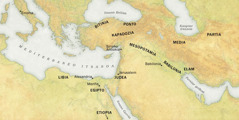 33. urteko Pentekostean berri onak entzun zituztenen jatorria erakusten duen mapa. 1. Lurraldeak: Libia, Egipto, Etiopia, Bitinia, Ponto, Kapadozia, Judea, Mesopotamia, Babilonia, Elam, Media eta Partia. 2. Hiriak: Erroma, Alexandria, Menfis, Siriako Antiokia, Jerusalem eta Babilonia. 3. Itsaso eta golkoak: Mediterraneo itsasoa, Itsaso Beltza, Itsaso Gorria, Kaspiar itsasoa eta Persiar golkoa.