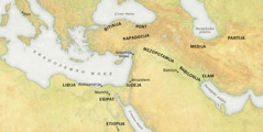 Karta na kojoj je prikazano odakle su bili ljudi koji su na Pedesetnicu 33. godine čuli dobru vijest: 1. Libija, Egipat, Etiopija, Bitinija, Pont, Kapadocija, Judeja, Mezopotamija, Babilonija, Elam, Medija i Partija; 2. Rim, Aleksandrija, Memfis, sirijska Antiohija, Jeruzalem i Babilon; 3. Sredozemno more, Crno more, Crveno more, Kaspijsko jezero i Perzijski zaljev