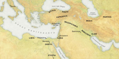 Mapa nga nagpakita sa mga lugar nga nakadungog sa maayong balita niadtong Pentekostes 33 C.E. 1. Rehiyon: Libya, Ehipto, Etiopia, Bitinia, Ponto, Capadocia, Judea, Mesopotamia, Babilonya, Elam, Media, ug Partia. 2. Siyudad: Roma, Alejandria, Mempis, Antioquia (sa Sirya), Jerusalem, ug Babilonya. 3. Kadagatan: Dagat Mediteranyo, Itom nga Dagat, Pulang Dagat, Dagat Caspian, ug Persianhong Gulpo.