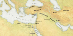 Kart ka amaman la zi ne la itre ka traqa troa hane dreng la maca ka loi lo Penetekos 33. 1. Nöj: Libua, Aigupito, Aithiope, Bithunia, Ponoto, Kapadokia, Iudra, Mesopotamia, Babulona, Elama, Madai, me Parathia. 2. Traon: Roma, Alesanedria, Mofi, Anetioka (e Suria), Ierusalema, me Babulona. 3. Ngöne gejë: Hnagejë Ka Tru Méditerranée, Mer Noire, Hnagejë Ka Palulu, Mer Caspienne, me Jua e Peresi.